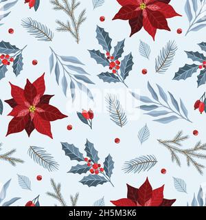 Nahtloses Muster mit Christbaumschmuck, Tannenzweigen, Weihnachtsstern, Beeren. Stock Vektor