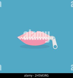 Lippen mit Reißverschluss. Frauenmund mit Reißverschluss schließen die Lippen geschlossen. Konzept von Shut Up, Keeping Quiet. Vektorgrafik, flaches Design Stock Vektor