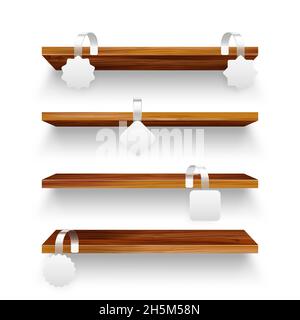 Holzregale und Supermarkt Werbe-Wobbler isoliert auf weißem Hintergrund. Produktregal mit Werbewabbler. Wandregal für Lebensmittel Stock Vektor