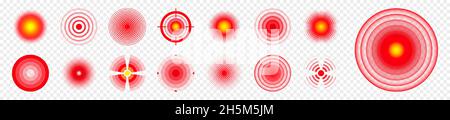 Schmerzlokalisierung. Schmerzhafter Bereich, schmerzende Stelle. Rote Kreise, Ziele. Kopfschmerzen, gequetschter Körperteilmarker. Symbol für Rücken-, Nacken- und Muskelschmerzen Stock Vektor