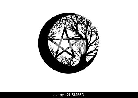 Mystischer Mond, Baum des Lebens und Wicca-Pentakel. Heilige Geometrie. Logo, Halbmond, Halbmond-heidnische Wiccan-Göttin-Symbol, Energiekreis, Tätowierung Stock Vektor