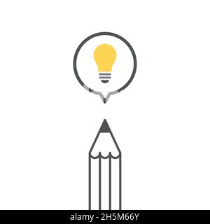 Bleistift mit Sprechblase und Leuchtsymbol. Konzept der Kreativität, Kunst, Design, Idee. Vektorgrafik, flaches Design Stock Vektor