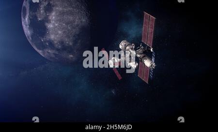 Lunar Orbit, Vereinigte Staaten von Amerika. 10. November 2021. Abbildung der Raumstation SpaceX Gateway in der Mondbahn, während das Artemis-Raumschiff anlegt. Das Gateway wird als Transferstation zwischen der Orion-Sonde und dem Mondlander auf Artemis-Missionen zum Mond dienen. NASA-Administrator Bill Nelson gab am 9. November 2021 bekannt, dass die Artemis-Missionen mit Besatzungsflügen voraussichtlich bis 2024 durchgeführt werden. Quelle: NASA/NASA/Alamy Live News Stockfoto