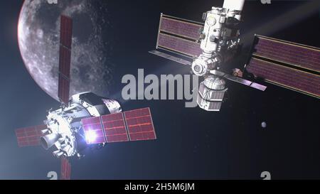 Lunar Orbit, Vereinigte Staaten von Amerika. 10. November 2021. Illustration der Raumstation SpaceX Gateway in der Mondbahn, als sich das Artemis-Raumschiff dem Dock nähert. Das Gateway wird als Transferstation zwischen der Orion-Sonde und dem Mondlander auf Artemis-Missionen zum Mond dienen. NASA-Administrator Bill Nelson gab am 9. November 2021 bekannt, dass die Artemis-Missionen mit Besatzungsflügen voraussichtlich bis 2024 durchgeführt werden. Quelle: NASA/NASA/Alamy Live News Stockfoto