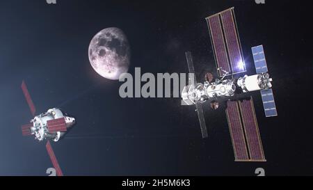 Lunar Orbit, Vereinigte Staaten von Amerika. 10. November 2021. Illustration der Raumstation SpaceX Gateway im Mondorbit, während sich das Raumschiff Artemis nähert. Das Gateway wird als Transferstation zwischen der Orion-Sonde und dem Mondlander auf Artemis-Missionen zum Mond dienen. NASA-Administrator Bill Nelson gab am 9. November 2021 bekannt, dass die Artemis-Missionen mit Besatzungsflügen voraussichtlich bis 2024 durchgeführt werden. Quelle: NASA/NASA/Alamy Live News Stockfoto