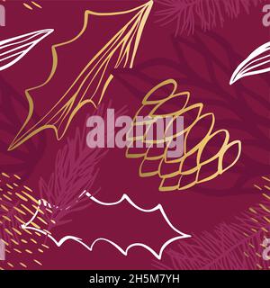 Abstrakt weihnachten Natur Dekoration nahtlose Musterillustration mit Gold Stechpalme Blatt Kritzeleien. Festliche grüne Kiefer Zweig xmas Hintergrund, luxur Stock Vektor