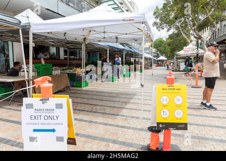 Manly Beach Farmers Food Market in Sydney, Check-in-Verfahren laufen aufgrund von Covid 19, Sydney, Australien Stockfoto