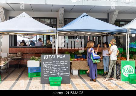 Manly Beach Farmers Food Market in Sydney, Check-in-Verfahren laufen aufgrund von Covid 19, Sydney, Australien Stockfoto