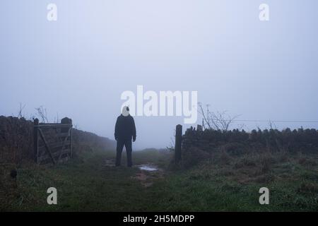 Eine geheimnisvolle Kapuzenfigur, zurück zur Kamera. An einem gespenstischen, nebligen Herbsttag auf einer Spur neben einem Tor stehen. Stockfoto