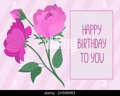 Vektor-Grußkarte mit einem Zweig einer Rose und der Aufschrift Happy Birthday in Pink. Alles gute zum Geburtstag Grußkarte Vorlage für Mädchen. Stock Vektor