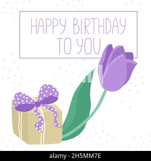 Handgezeichnete Grußkarte mit Tulpe und Geschenkbox. Zarte und niedliche Postkarte mit einer Blume für eine Frau quadratisch Format. Stock Vektor