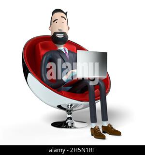 Hübscher Cartoon-Geschäftsmann, der auf einem Laptop arbeitet - 3D-Illustration Stockfoto