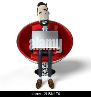 Hübscher Cartoon-Geschäftsmann, der auf einem Laptop arbeitet - 3D-Illustration Stockfoto