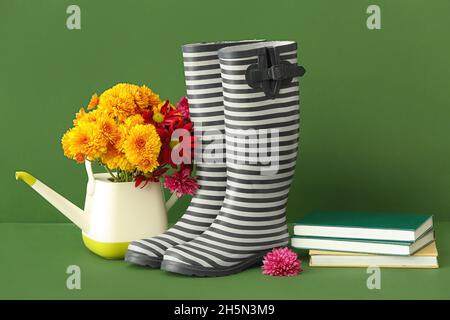 Komposition mit Gummistiefeln, Blumen, Gießkannen und Büchern auf farbigem Hintergrund Stockfoto