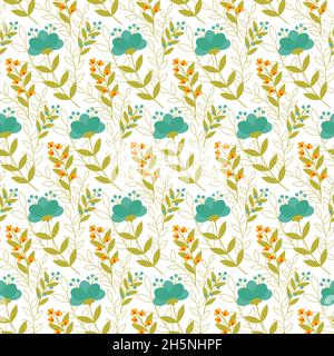 Vintage-Blumenmuster mit grünen und gelben Blüten und Blättern. Stilisierte Zeichnung im Stil der 70er Jahre. Stock Vektor