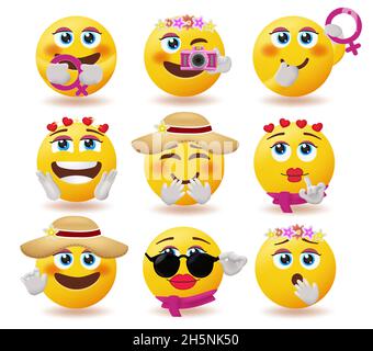 Frauen Smiley Zeichen Vektor-Set. Frauen Emoji Kollektion mit niedlichen und schönen Mimik und femininen Elementen für Frauen Tag weiblich. Stock Vektor