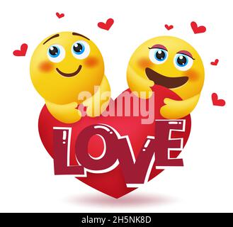 Emoji valentine Vektor Konzept Design. Love Text mit Smileys Liebhaber Charakter mit niedlich und verliebt Gesichtsausdruck für valentinstag Paar. Stock Vektor