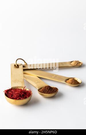 Messlöffel gefüllt mit Gewürzen, die in der spanischen Küche verwendet werden. Stockfoto