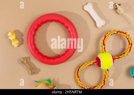 Verschiedene bunte Tierpflegezubehör: Schale, Knochen, Kugeln, Snacks, Maus auf beigem Hintergrund. Gummi- und Textilzubehör für Hunde und Katzen. Stockfoto