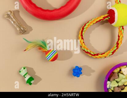 Verschiedene bunte Tierpflegezubehör: Schale, Knochen, Kugeln, Snacks, Maus auf beigem Hintergrund. Gummi- und Textilzubehör für Hunde und Katzen. Stockfoto