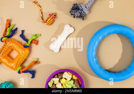 Verschiedene bunte Tierpflegezubehör: Schale, Knochen, Kugeln, Snacks, Maus auf beigem Hintergrund. Gummi- und Textilzubehör für Hunde und Katzen. Stockfoto