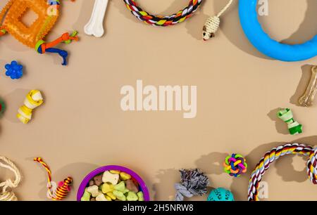 Verschiedene bunte Tierpflegezubehör: Schale, Knochen, Kugeln, Snacks, Maus auf beigem Hintergrund. Gummi- und Textilzubehör für Hunde und Katzen. Stockfoto