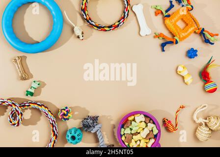 Verschiedene bunte Tierpflegezubehör: Schale, Knochen, Kugeln, Snacks, Maus auf beigem Hintergrund. Gummi- und Textilzubehör für Hunde und Katzen. Stockfoto
