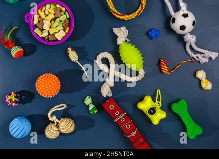 Verschiedene bunte Tierpflegezubehör: Schale, Knochen, Kugeln, Snacks, Maus auf blauem Hintergrund. Gummi- und Textilzubehör für Hunde und Katzen. Stockfoto