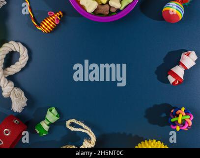 Verschiedene bunte Tierpflegezubehör: Schale, Knochen, Kugeln, Snacks, Maus auf blauem Hintergrund. Gummi- und Textilzubehör für Hunde und Katzen. Stockfoto