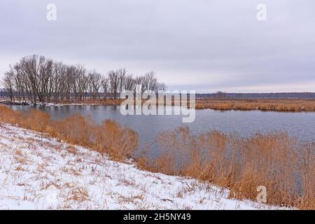 Ruhiger Schnee auf einem abgelegenen Wildlife Refuge am Mississippi River in der Nähe von Fulton, Illinois Stockfoto