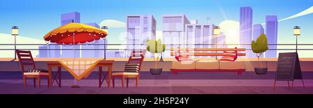 Restaurant auf der Dachterrasse mit Blick auf die Stadt im Hintergrund. Leere Terrasse mit Tisch, Stühlen und Tafel auf dem Dach des Wolkenkratzers. Cafe-Bereich im Freien zum Entspannen oder Erholen, Cartoon-Vektor-Illustration Stock Vektor