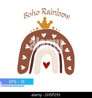 Skandinavischer Boho-Regenbogen mit Krone in einfachen, sanften Farben für die Einrichtung im Kinderzimmer. Isoliert auf weißem Hintergrund. Vektorgrafik. Stock Vektor