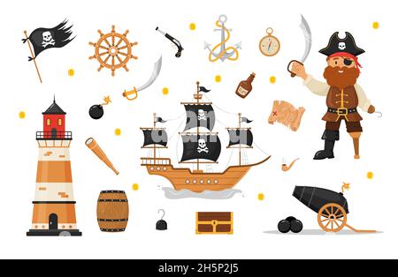 Ein Paket von Piratenartikeln. Mann in Piratenkostüm, Leuchtturm, Flagge, Säbel, Schiff, Schatzkiste. Pirateriesammlung auf weißem Hintergrund isoliert Stock Vektor