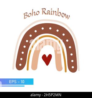 Skandinavischer Boho-Regenbogen mit Herz in einfachen, sanften Farben für die Einrichtung im Kinderzimmer. Isoliert auf weißem Hintergrund. Vektorgrafik. Stock Vektor