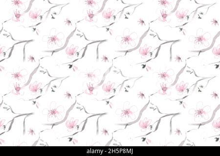 Aquarell Sakura Japan. Nahtlose Kirsche Stockfoto