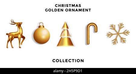 Set aus goldenen Weihnachtsschmuck. goldener Hirsch, goldene Kiefer, Goldbonbons, goldene Schneeflocke und goldene Lampen Stock Vektor