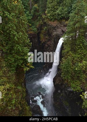 Blick auf den Wasserfall Elk Falls im Provincial Park in der Nähe des Campbell River auf Vancouver Island, British Columbia, Kanada in der Schlucht. Stockfoto