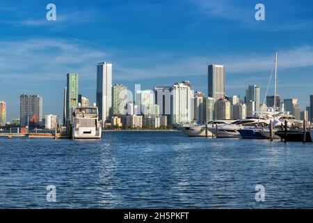 Luxusyachten, die am sonnigen Morgen in Miami, Florida, im Hafen und in der Skyline von Miami Downtown festmachen. Stockfoto