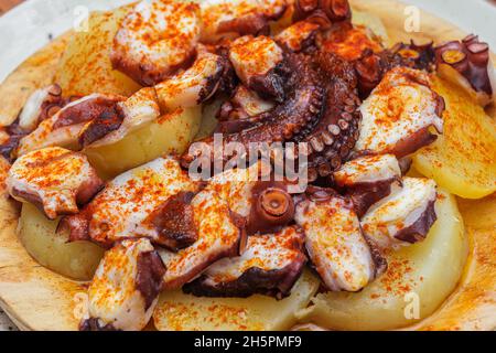 Gebratener Oktopus mit Kartoffeln und Paprika auf einem Teller in einem Restaurant Stockfoto