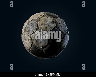 Alt, zerrissen, schmutzig und beschädigt Fußball oder Fußball isoliert auf schwarzem Hintergrund. 3d-Illustration Stockfoto