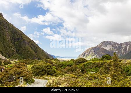 Tal in den Südalpen. In Der Nähe Des Lake Mller. Neuseeland Stockfoto