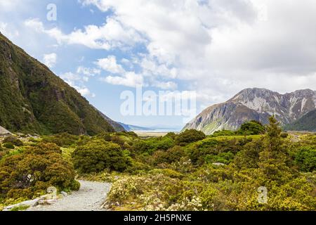 Tal zwischen Seen in den Südlichen Alpen. In Der Nähe Des Lake Mller. Neuseeland Stockfoto