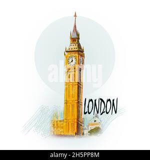 Moderne Kunst, Aquarell Malerei Illustration. Weltberühmte Wahrzeichen-Serie: Big Ben Clock Tower in London in England. Stockfoto