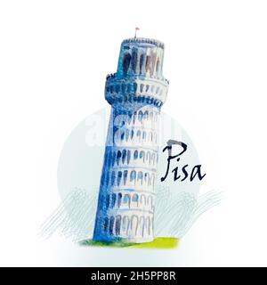 Moderne Kunst, Aquarell Malerei Illustration. Weltberühmte Wahrzeichen-Serie: Der schiefe Turm, Pisa in Italien. Stockfoto