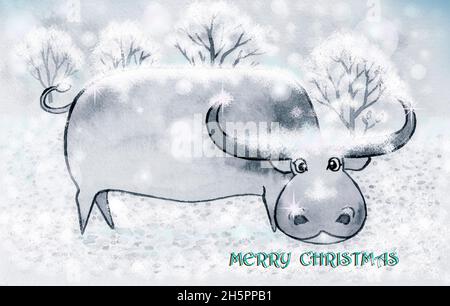 Buffalo Happy Holiday, Weihnachtskarten-Design. Aquarell Malerei Illustration schöne Karikatur von Büffeln und Schnee in der Wintersaison mit schwarz, grau Stockfoto