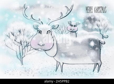 Rentier-Weihnachtskarte im Design. Aquarell Malerei Illustration schöne Karikatur von Hirsen und Schnee in der Wintersaison mit schwarz, grau, blau, weiß, Stockfoto