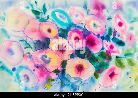 Abstraktes Aquarell original Malerei lila, rosa Farbe der Morgenblumen und grünen Blättern der blauen Farbe Hintergrund. Stockfoto