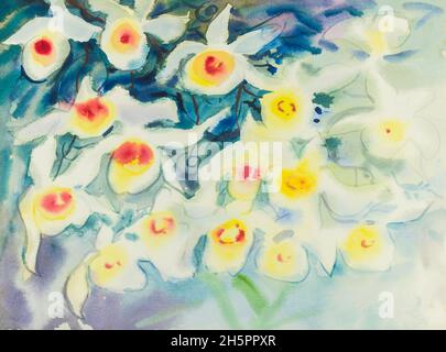 Abstraktes Aquarell original Malerei weiß, rote Farbe der Orchideenblumen und gelbe Farbe Hintergrund. Stockfoto