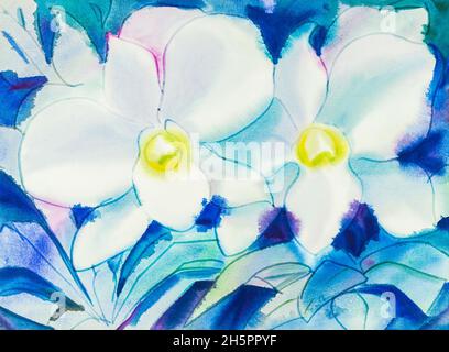 Abstraktes Aquarell original Malerei weiße Farbe der Orchideenblumen und grünen Blättern in blauer Farbe Hintergrund. Stockfoto
