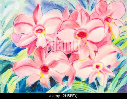 Abstraktes Aquarell original Malerei lila, rosa Farbe der Orchideenblumen und grünen Blättern in blauer Farbe Hintergrund. Stockfoto